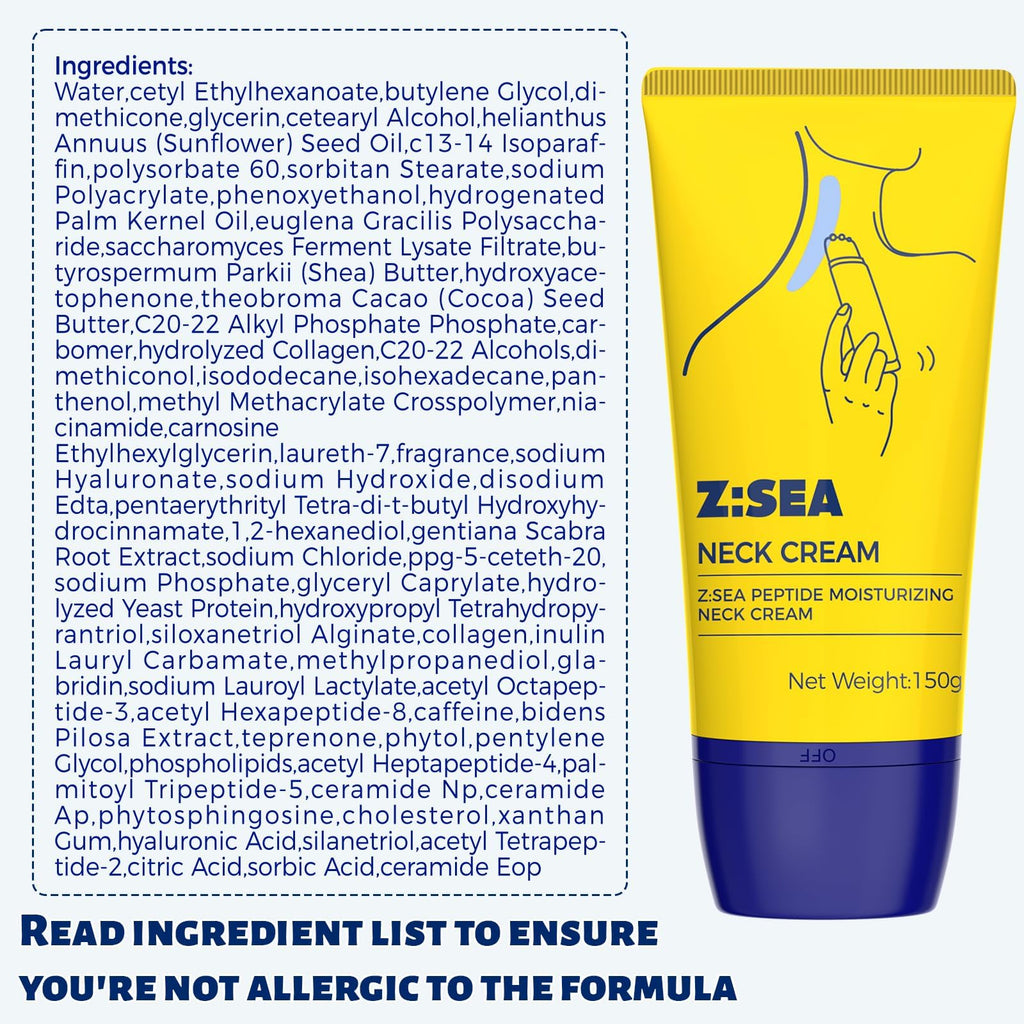 Z:SEA Neck Firming Cream with Roller, Anti-Aging, Smooths Neck Wrinkles, Improves Crepey Skin, Lifts & Firms Neck Skin, Tightening & Hydrating, Collagen, Multi Peptide, Hyaluronic Acid, 5.29 FL OZ