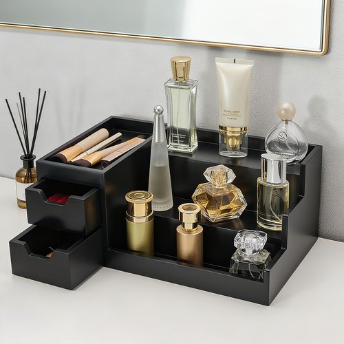 UUyuality Countertop Perfume & Makeup Organizer - Wooden Rack, Cologne Stand Shelves & Skincare Organizer for Bedroom Dresser, Organizador de Perfumes Estante para Perfumes (Black, 01)