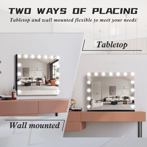 NUSVAN Vanity Mirror with Lights Lighted Makeup Mirror with 15 Dimmable LED Bulbs,3 Color Lighting Modes,USB Charging Port Touch Control,Sturdy Metal Frame Design 22.8x18 Inch,Black