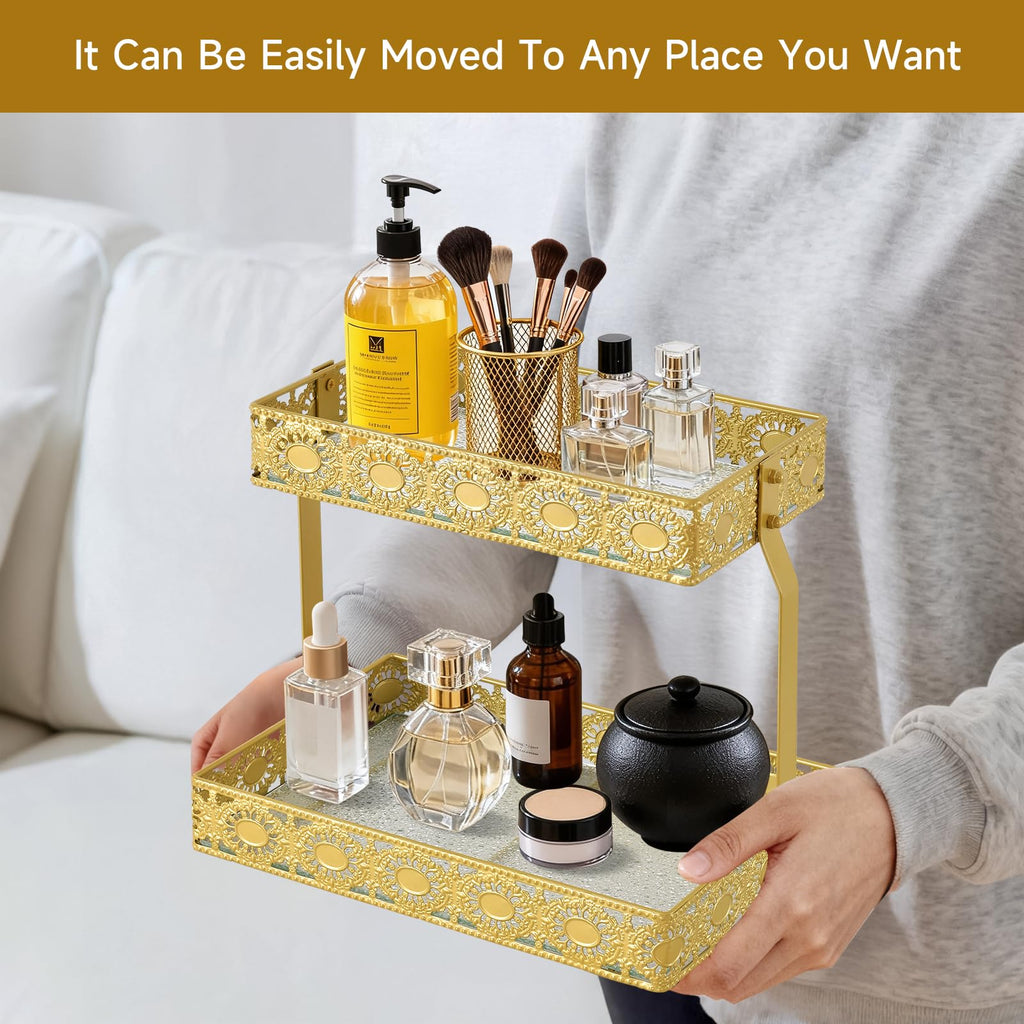 xiaojuande-Two Layer Glass Storage Tray with Portable Dressing Table Skin Care Product Organization Rack Corner Storage Rack for Bathroom Counter High-end Light Luxury Display Plate - Gold (Gold)