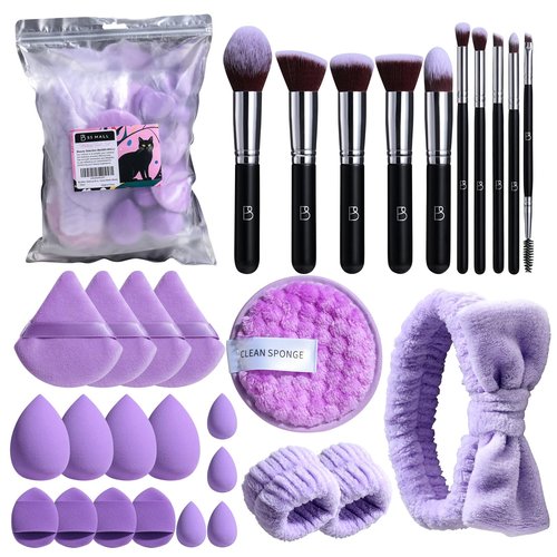 BS-MALL Makeup Brushes Set 30 Pcs – Including Face Washing Puffs, Blush Powder Bronzer Foundation Eyeshadow Concealer Brushes, and Mini Makeup Sponge Makeup Sponges Set (Black)