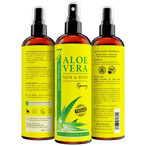 Seven Minerals, Organic Aloe Vera Spray for Body & Hair - From Freshly Cut Aloe Plant, Extra Strong, Easy to Apply, No Thickeners So It Absorbs Rapidly, No Sticky Residue - Made in USA (Big 12 fl oz)