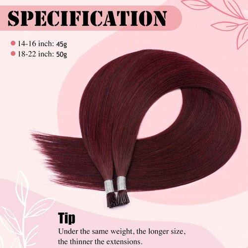 Senmy Itips Hair Extensions Human Hair Burgundy 22inch Remy Human Hair Extensions I tips 50g Itip Human Hair Extensions Wine Red Itip Microlink Hair Extensions For Women