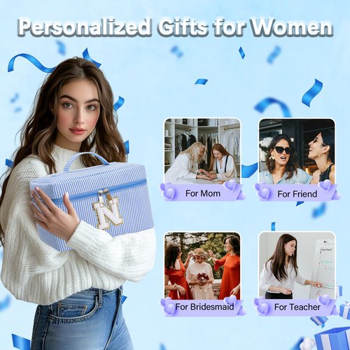 Personalized Monogram Makeup Bag, 3PCS Custom Monogrammed Toiletry Cosmetic Bag for 6-18 Teen Girls Women,Birthday Graduation Gifts Initial Pouch Makeup Bags for Women Girls, Make Up Bag (A, Blue)