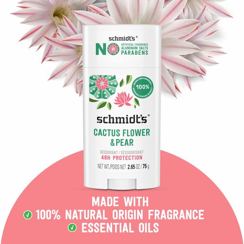Schmidt's Aluminum-Free Vegan Deodorant Cactus Flower & Pear with 24-Hour Odor Protection, 2 Count for Women and Men, Natural Ingredients, Cruelty-Free, 2.65 oz