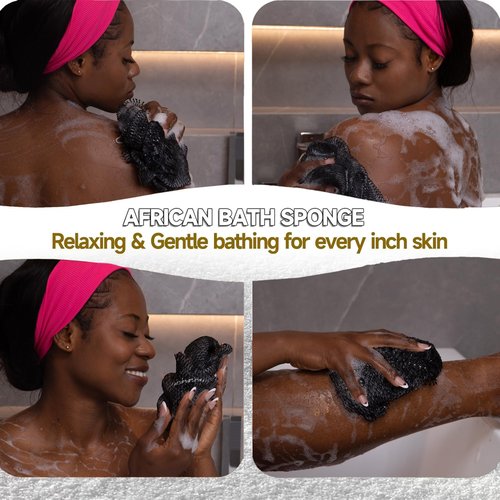 SubSahara African Net Sponge Authentic - 1 Pieces Gentle Exfoliation Scrubber for All Skin Types, Bath Sponge with Knots, Travel Portable (Black)