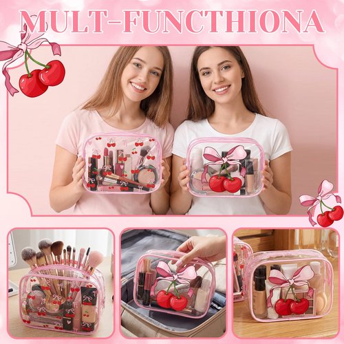 Kacctyen 10 Pcs Pink Cherry Bow Makeup Bags Bulk Gifts for Girl Women Birthday Party Favors Coquette Pastel Bow PVC Clear Cosmetic Bags Waterproof Travel Toiletry Pouch for Party Favors
