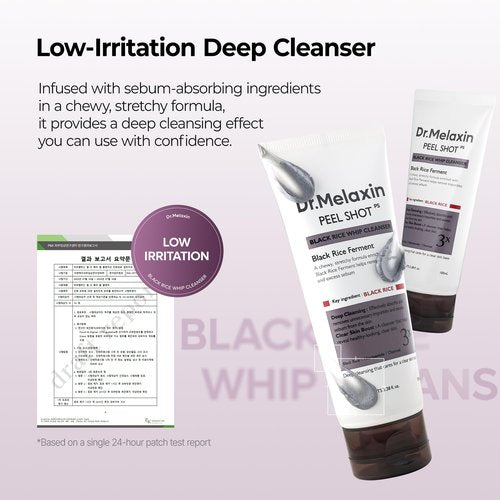 Dr.Melaxin Peel Shot Black Rice Mochi Whip Cleanser 100ml formulated for blackheads, clogged pores, excess sebum, and dull skin