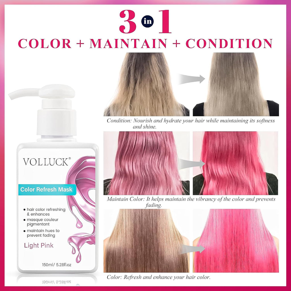 VOLLUCK Color Depositing Conditioner - 3-in-1 Cruelty-Free Hair Mask for Shine & Softness | Light Pink, 5.28 Fl Oz