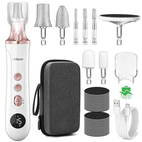 Litbear Electric Nail Drill File Set, 15 Speed Professional Nail Grinder for Thick Toenails, Cordless Pedicure Manicure Tool Callus Remover for Women Men Senior Hand Feet Care, Home Salon Use (White)