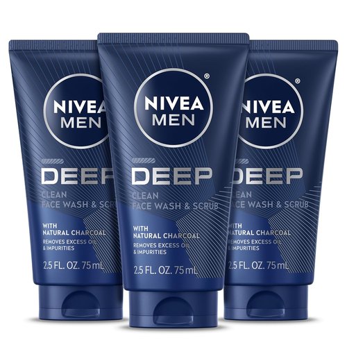 NIVEA MEN Deep Clean Face Wash - Exfoliating Charcoal Formula for Oil Control | 2.5 Fl Oz Tube, Pack of 3