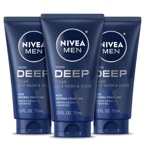NIVEA MEN Deep Clean Face Wash and Scrub with Natural Charcoal, Exfoliating Face Wash for Men Removes Excess Oil, Dirt and Impurities, Beard Friendly Skin Care, 2.5 Fl Oz Tube, Pack of 3