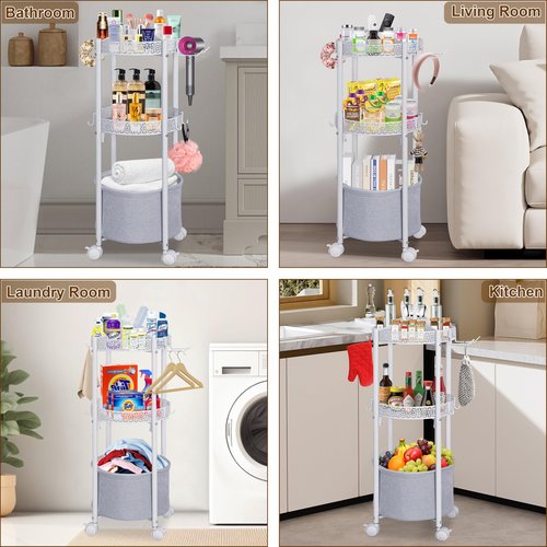 NauwaBarn Rolling Makeup Cart Organizer with Removable Hair Dryer Holder, 3 Tier Round Floor Makeup Organizer with Wheels for Cosmetic, Perfume, Nail Polish, Small Space Bathroom Storage Cart, White