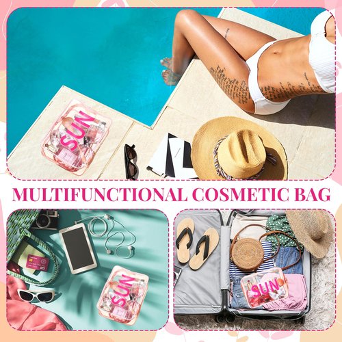 Shinylin Sun Clear Beach Makeup Bag 9.5" x 7" x 3.5" Large Cosmetic Pouch Pink Travel Toiletry Bag PVC Waterproof Transparent Zippered Organizer for Women Girl Summer