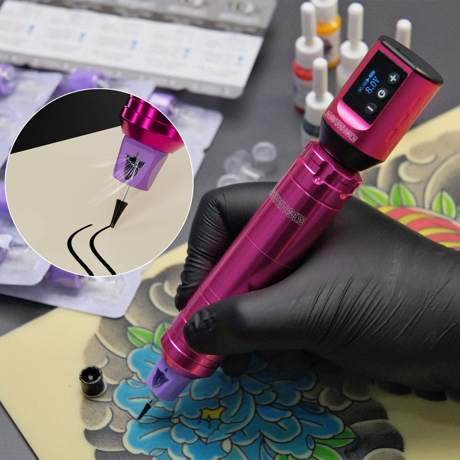 Wormhole Tattoo 79PCS Wireless Tattoo Practice Gun Kit - Battery Pack 1,500mAh Capacity, 20PCS Tattoo Needles, LED Digital Display - Professional Equipment for Beginners and Tattooist - Pink