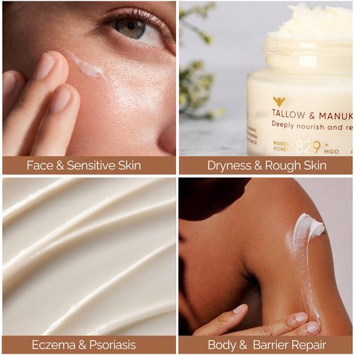100% Grass-Fed Suet Beef Tallow and Manuka Honey Balm Natural Moisturizer Cream for Face & Body Eczema Relief Cream Moisturizer for Dry Skin Pure Tallow Face Moisturizer for Sensitive Skin