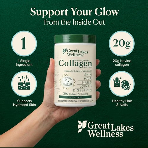 Great Lakes Wellness Collagen Peptides Powder - Hydrolyzed, Quick-Dissolve Formula for Skin, Hair & Joints | 16 oz, 22 Servings