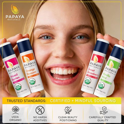 Papaya Naturals Organic Lip Balm Set - 6 Pack of Moisturizing Beeswax & Cocoa Butter in Assorted Flavors