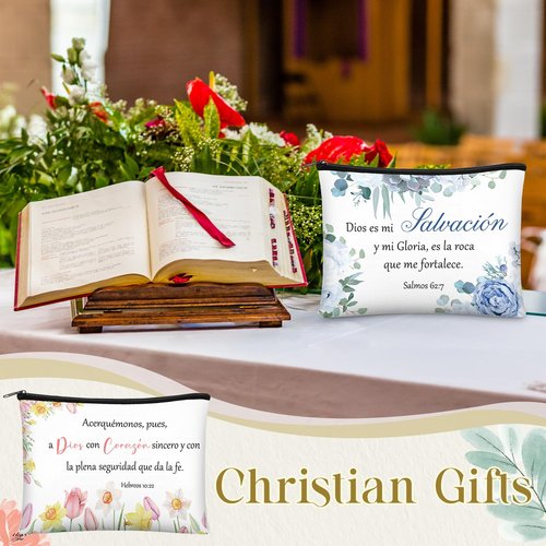Kacctyen 12 Pcs Christian Mother's Day Gifts Makeup Bag Spanish Verses Inspirational Gift for Women Bible Verse Cosmetic Bag in Spanish Zipper Pouch for Mom Church Religious Prayer(Flower Style)