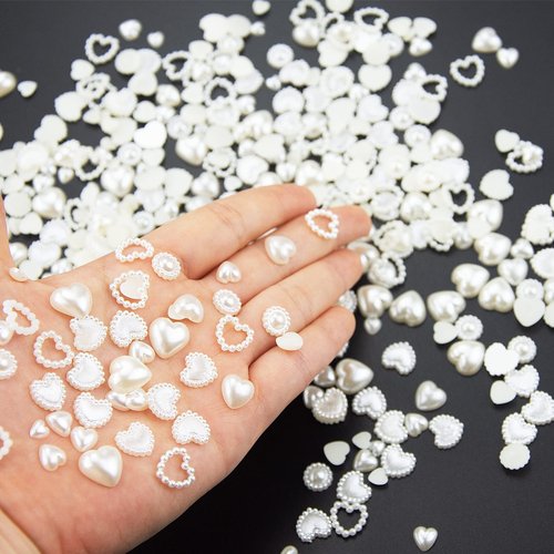 500 Pcs Creamy-white Pearls Heart Nail Charms Mixed Styles Flatback Heart Cute Assorted Pearls Heart Beads 3D Nail Art Charms Embellishments for Nail Art DIY Crafts Accessories