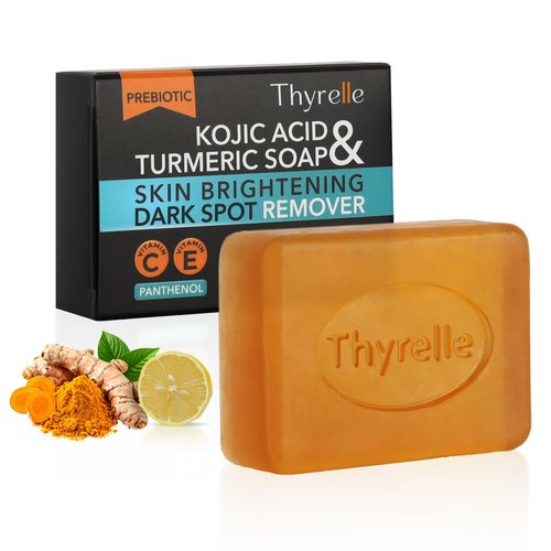Thyrelle Kojic Acid and Turmeric Soap (3.5 oz) I Kojic Acid Soap for Body and Face I Turmeric soap bar with Panthenol, Vitamin C, Vitamin E and Prebiotics