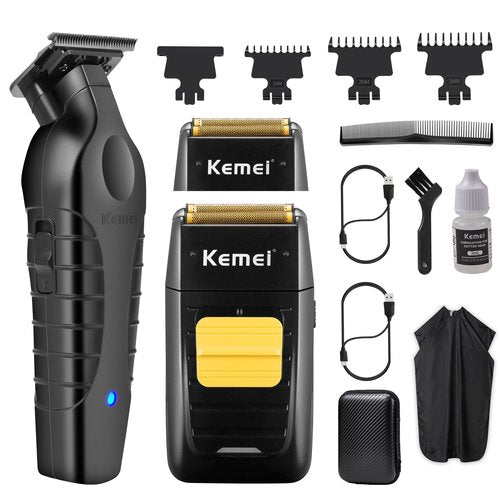 KEMEI Professional Hair Trimmer for Men Cordless, Foil Shaver with Replacement Heads & Nets, Zero Gapped Hair Clippers with T Blade, Electric Head Shavers for Bald Men, KM 2299, KM 1102