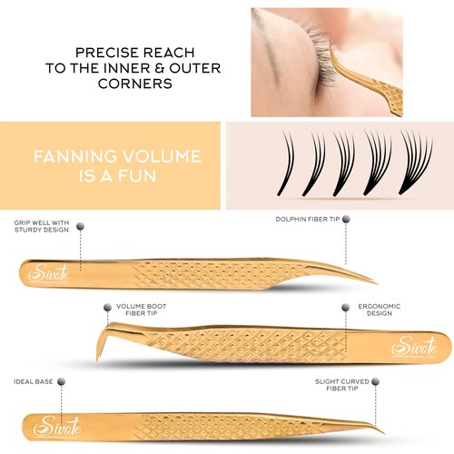 SIVOTE Eyelash Extension Tweezers Fiber Tips Japanese Steel, Set of 6, Curved, Dolphin, 90 Degree 45 Degree, Volume Boot & Slight Curved Tweezer, Gold