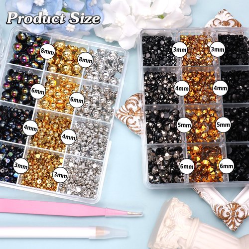 2 Boxes Gold Black Flatback Pearls and Resin Rhinestones for Crafting, 3-6 mm Jelly Rhinestones, Mixed Size Half Pearl Bedazzling Gems for Nail DIY Crafts Mugs Bottles Tumblers Clothes Makeup