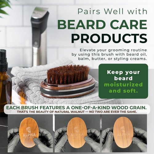 Premium Handmade 4.5" Boar Bristle Beard Brush for Men – Natural Walnut Wood & Non-Slip Rubber Grip – Men’s Grooming Brush for Short, Medium & Long Beards – Mustache & Beard Care Tool – Alpha Organics