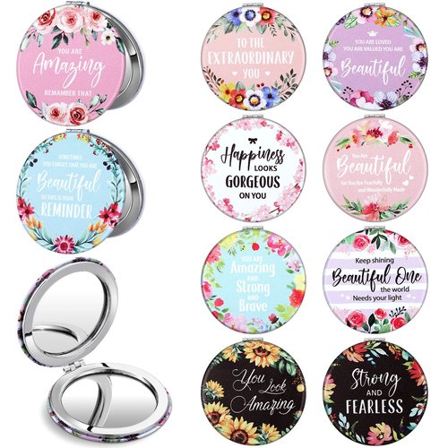 Panelee 10 Pcs Inspirational Compact Mirror Bulk Floral Pocket Purse Mirror Portable Travel Makeup Folding Handheld Double Sided 1x/2x Inspirational Gift for Women Girls