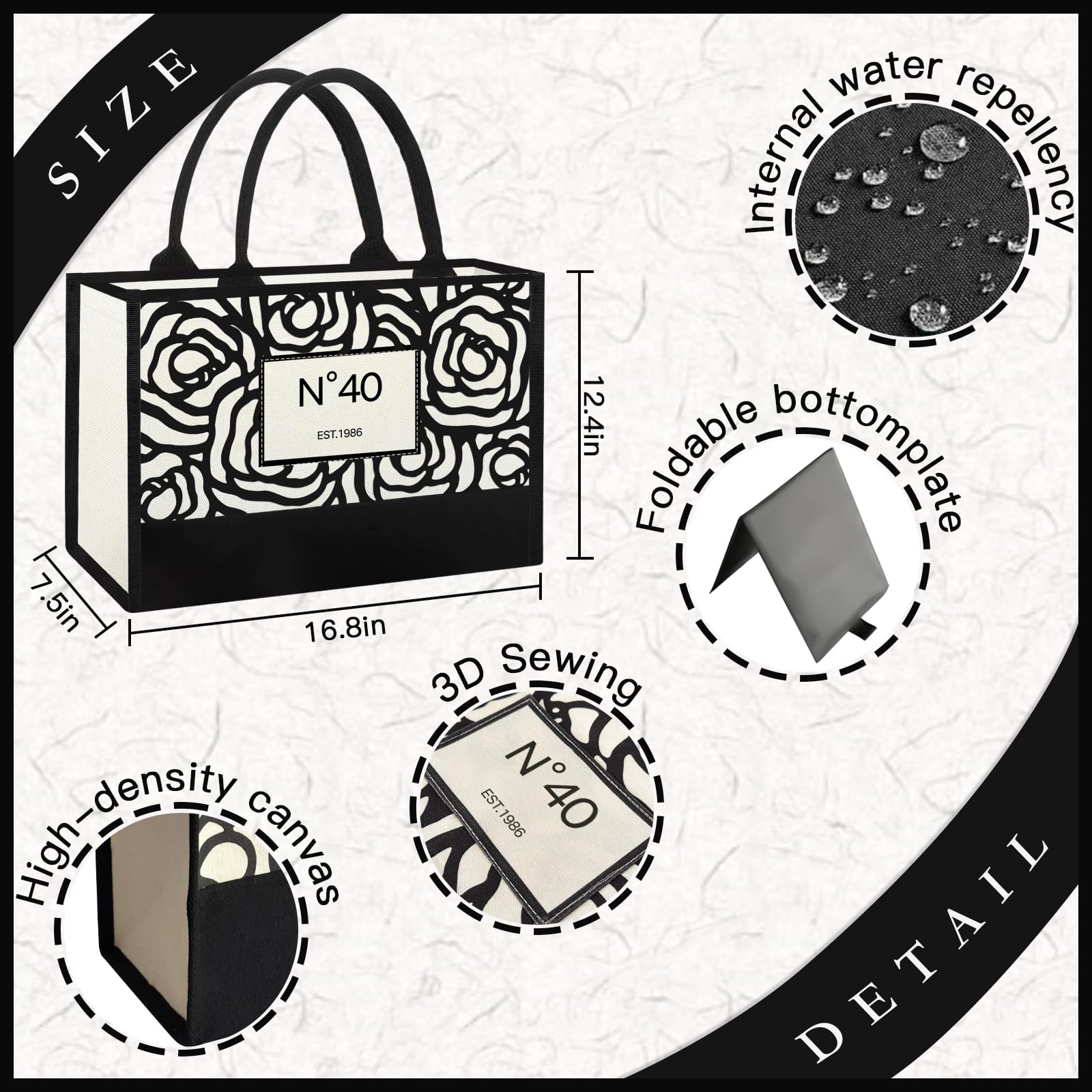 Vintacicle 40th Birthday Gifts for Women Her - Elegant Floral Canvas Tote Bag with Stylish Makeup Bag (40th)