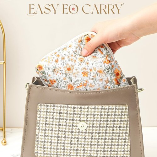 Paterr 4 Pcs Mini Quilted Floral Makeup Bag Women Gifts Small Cosmetic Bag Floral Quilted Makeup Pouch with Zipper Cute Travel Toiletry for Mom Teacher Women Girls Gifts(Pink, Orange Flower)