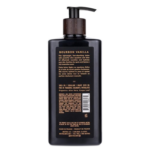 Mistral Bourbon Vanilla Body Lotion for Men - Moisture-Rich, Fast-Absorbing Formula with Shea Oil & Squalane | Natural & Paraben-Free - 13.5 fl oz
