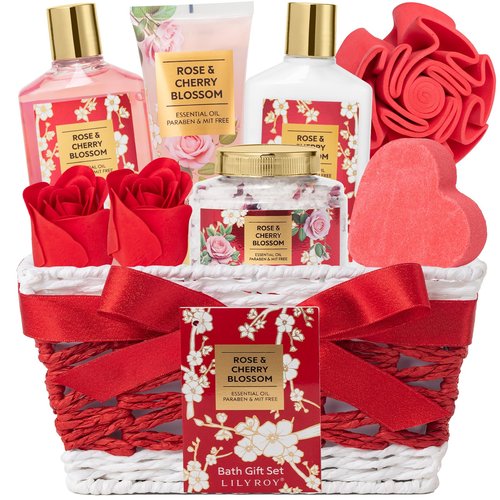 Valentines Day Gifts for Women - 9 Pcs Rose Bath and Body Gift Basket Set for Women, Spa Gift Set with Shower Gel | Pampering Gift for Christmas, Birthday, Mothers Day Gifts for Mom, Gift Sets for Her