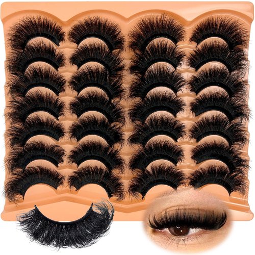 SISIYDY Mink Lashes Fluffy Dramatic Volume D Curl Big Lashes 20mm 25mm Long Cat Eyelashes Strips 14 Pairs Faux Mink Eyelash Pack Look Like Extensions For Full Eye Look YH203
