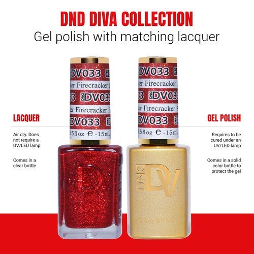 DND Gel Diva Polish Set, Mirrorball Collection, UV/LED Gel Polish and Air Dry Nail Lacquer, Matching Chip-Free Polish Duo, Red033 Firecracker, 0.5 Fl Oz Each