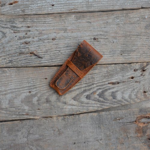 JJNUSA Old Fashioned Sleeve Travel Pouch Leather Safety Razor Case, Double Edge Razor 4.5", Shaving Accessories, Personal Care Essentials, Men's Shaving Razor Flower brown