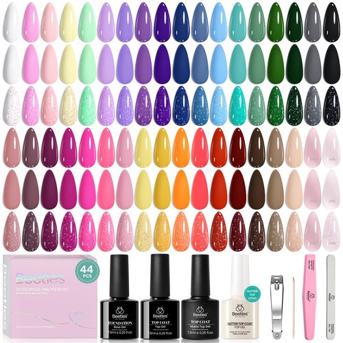 beetles Gel Polish Set Vivid Seasons - Spring Gel Nail Polish Set 36 Colors Pink Yellow Green Purple Jelly Shades 45pcs with Base & Top Coat UV LED Soak Off DIY Salon Easter Gift for Women & Girls