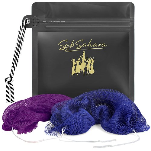 SubSahara African Net Sponge Authentic - 2 Pieces Exfoliating Scrubber for All Skin Types, Ideal for Face & Body Daily Use, Durable, Gentle Exfoliation (Blue & Purple)