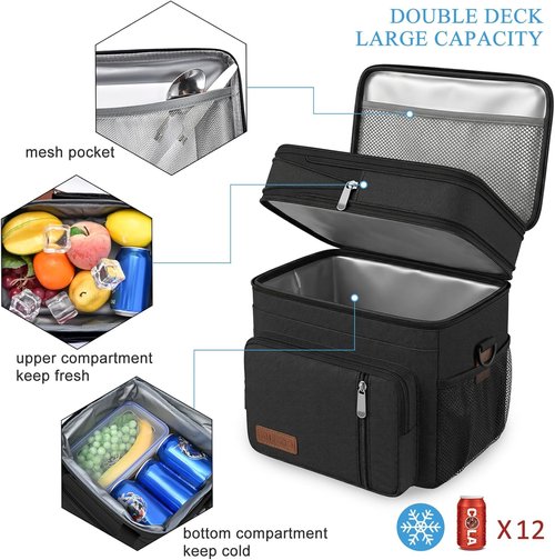 MIYCOO Insulated Lunch Bag - Double Deck Leakproof Cooler for Work, Beach & Travel | Black, 15L