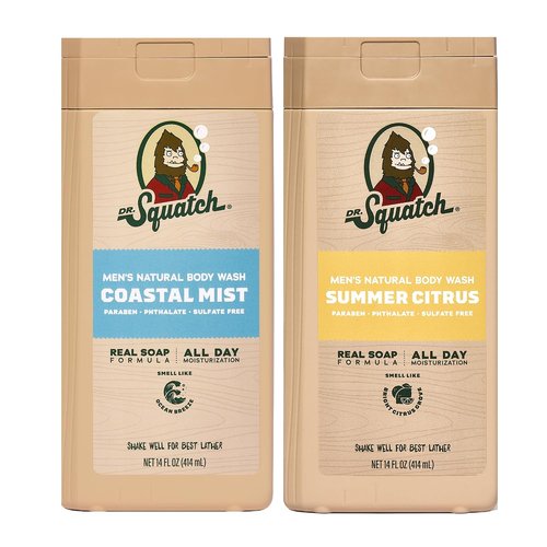 Dr. Squatch Men's Body Wash - Nourishing & Cleansing Moisturizer - Coastal Mist + Summer Citrus (14 oz, 2-Pack)