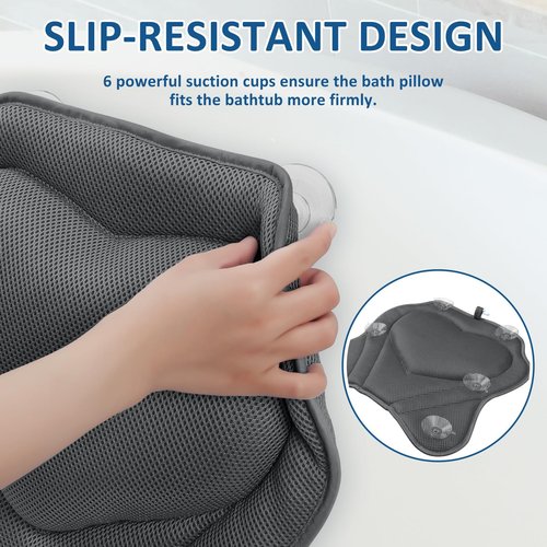 LuxStep Bath Pillow-Bathtub Pillow with Air Mesh Fabric & 6 Non-Slip Suction Cups, Bath Pillows for Tub Head, Neck and Back Support, Bath Accessories Spa Gifts, Grey
