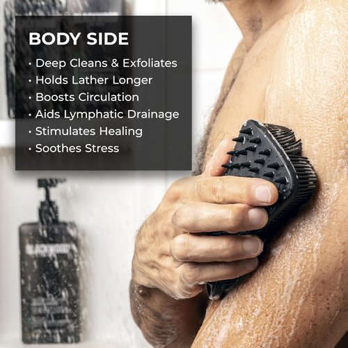 Blackwood For Men Double Duty Beard & Body Scrubber - Dual-Sided Men's Shower Tool - Handheld Body Wash Brush with Long Soft Silicone Bristles for Deep Cleaning - Short Exfoliating Tips for Beard Care