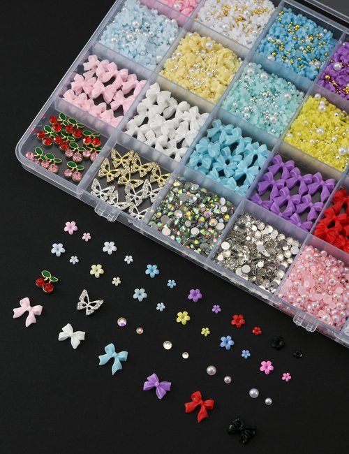 3D Nail Charms and Gems 6000 Pcs Charms for Nails Design Resin and Metal Cute Nail Art Charms Nail Flowers Bows Cherry Butterfly with Rhinestones and Pearls