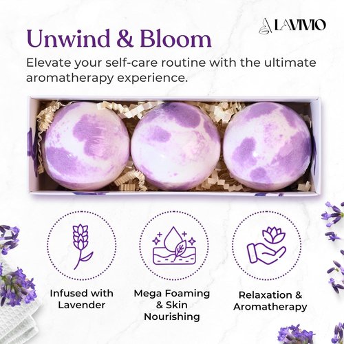 Lavender Bath Bombs by [Brand Name] - Mega Foaming & Moisturizing with Shea Butter - 3 x 100g Gift Set for Stress Relief