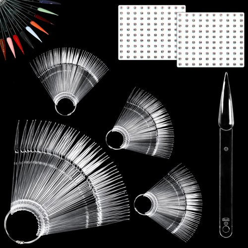 Allstarry 200 Pcs Clear & Natural Nail Swatch Sticks with Ring and Numbered Tips Pointed Shaped Nail Art Polish Display Tips, False Nail Sample Sticks, Sacks of Transparent Nail Practice for Manicure