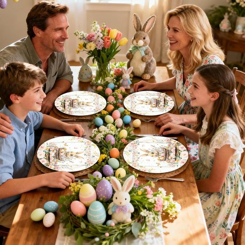 Regine Switzerland Easter Party Plates Set - 40 Pcs 9-Inch Bunny & Flower Design | Perfect for Spring Celebrations