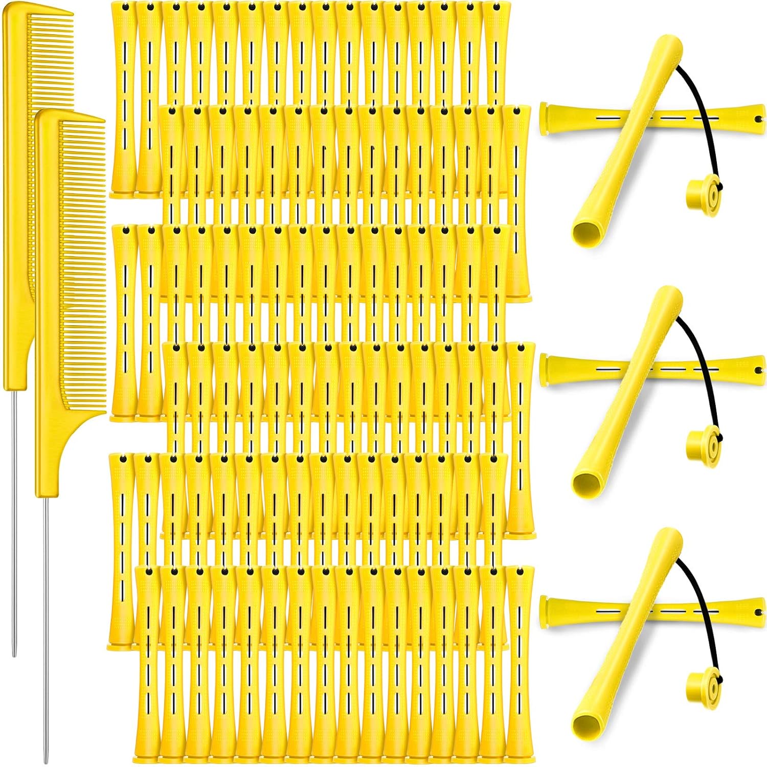 WILLBOND Hair Perm Rods - 96 Pcs Heatless Curlers with 2 Steel Pintail Combs | 0.28 Inch, Yellow