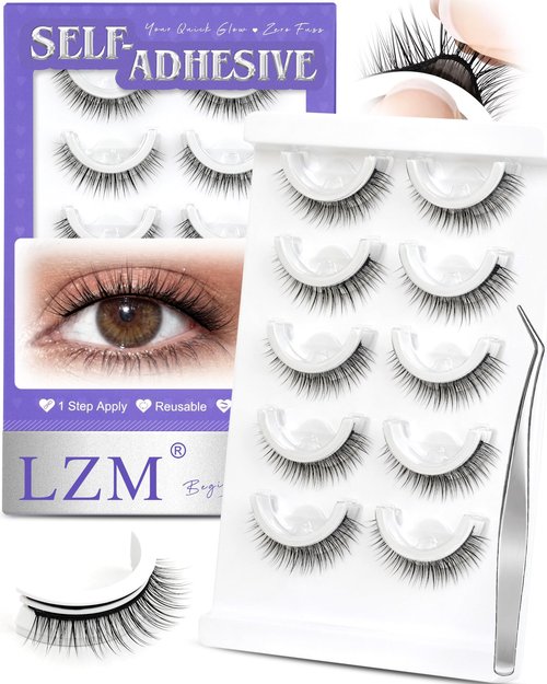 Self Adhesive Eyelashes Glueless Lashes - Natural Look 7-10mm No Glue Eyelashes Strip Waterproof All-Day Hold Press On Lashes Glueless Reusable Lash Strips Kit With Tweezer for Makeup by LZM (08)