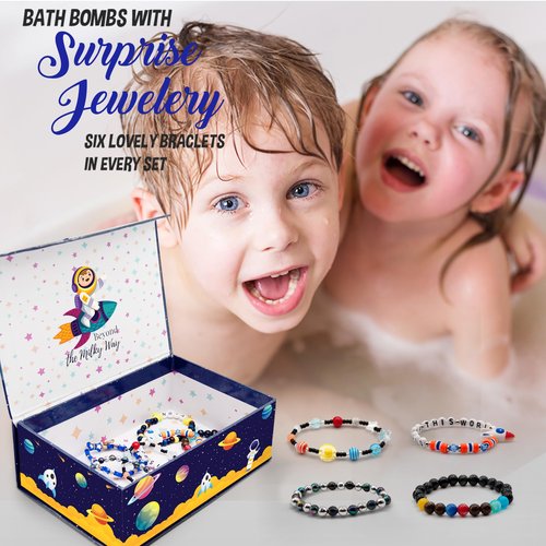 Bath Bombs for Kids with Surprise Inside, Bath Bombs with Surprise Jewelry & Jewelry Box - Organic, Skin Moisturizing, Natural Kids Space Galaxy Bracelets, Valentines Day Gifts for Boys, Girls